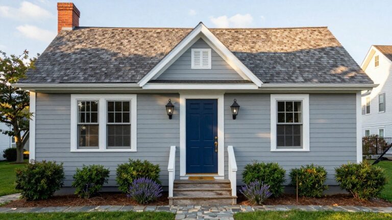 A two-story gray shingle house with white trim and gable roof, featuring a navy blue front door with brass knocker flanked by black lanterns, boxwood shrubs, lavender plants, and a brick path in the front yard under a partly cloudy sky.