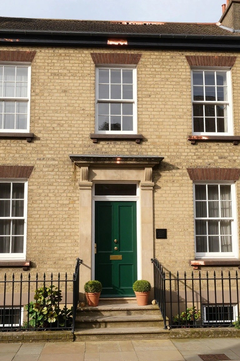 Two-story yellow brick townhouse with green front door, symmetric sash windows, black iron railing, and potted boxwood shrubs beside stone entry steps.