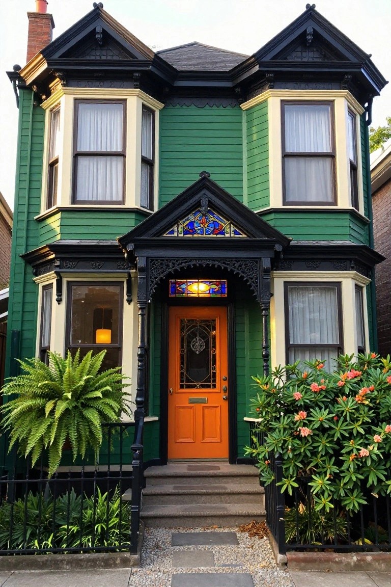 Two-story Victorian house with green siding, black trim, bay windows, orange front door with stained glass transom, flanked by potted ferns and camellia bushes on a gravel path.