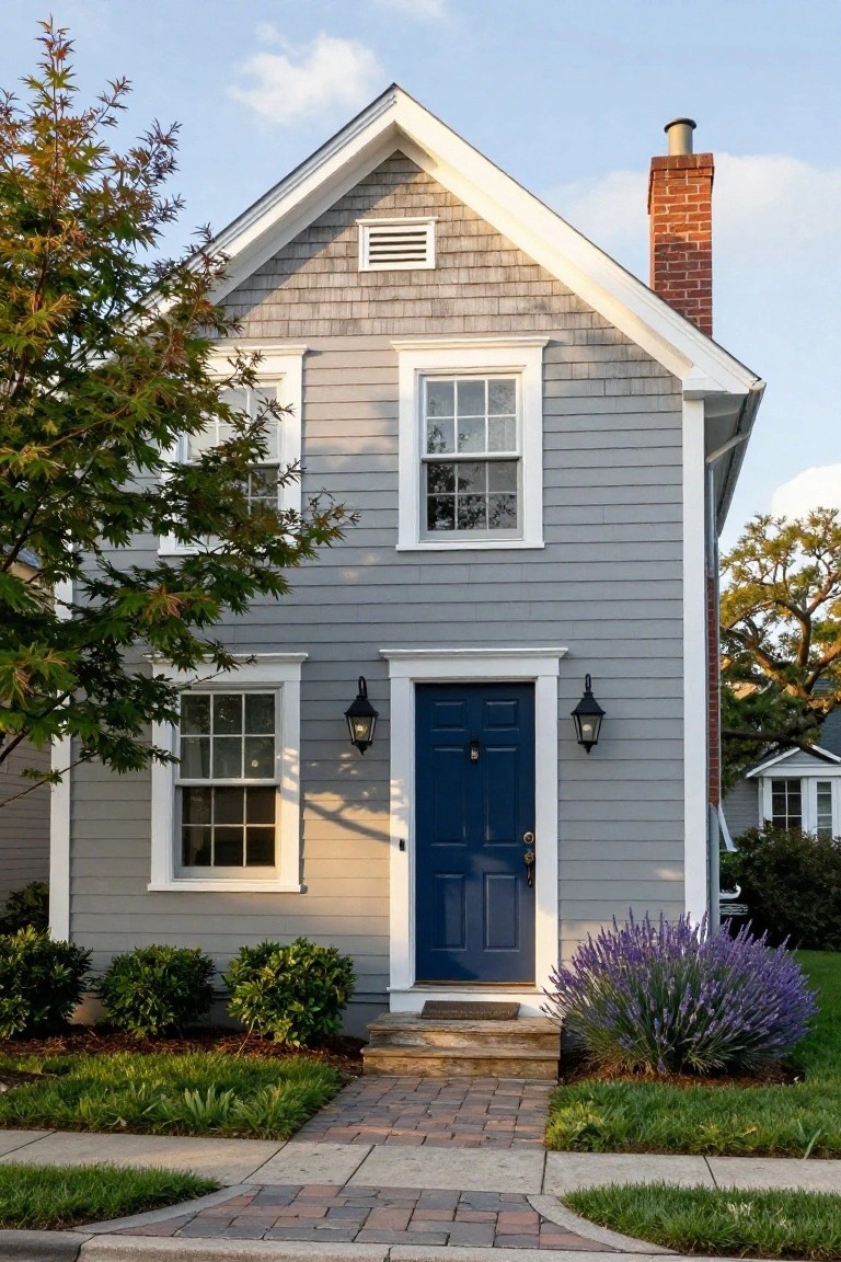 A two-story gray shingle house with white trim and gable roof, featuring a navy blue front door with brass knocker flanked by black lanterns, boxwood shrubs, lavender plants, and a brick path in the front yard under a partly cloudy sky.