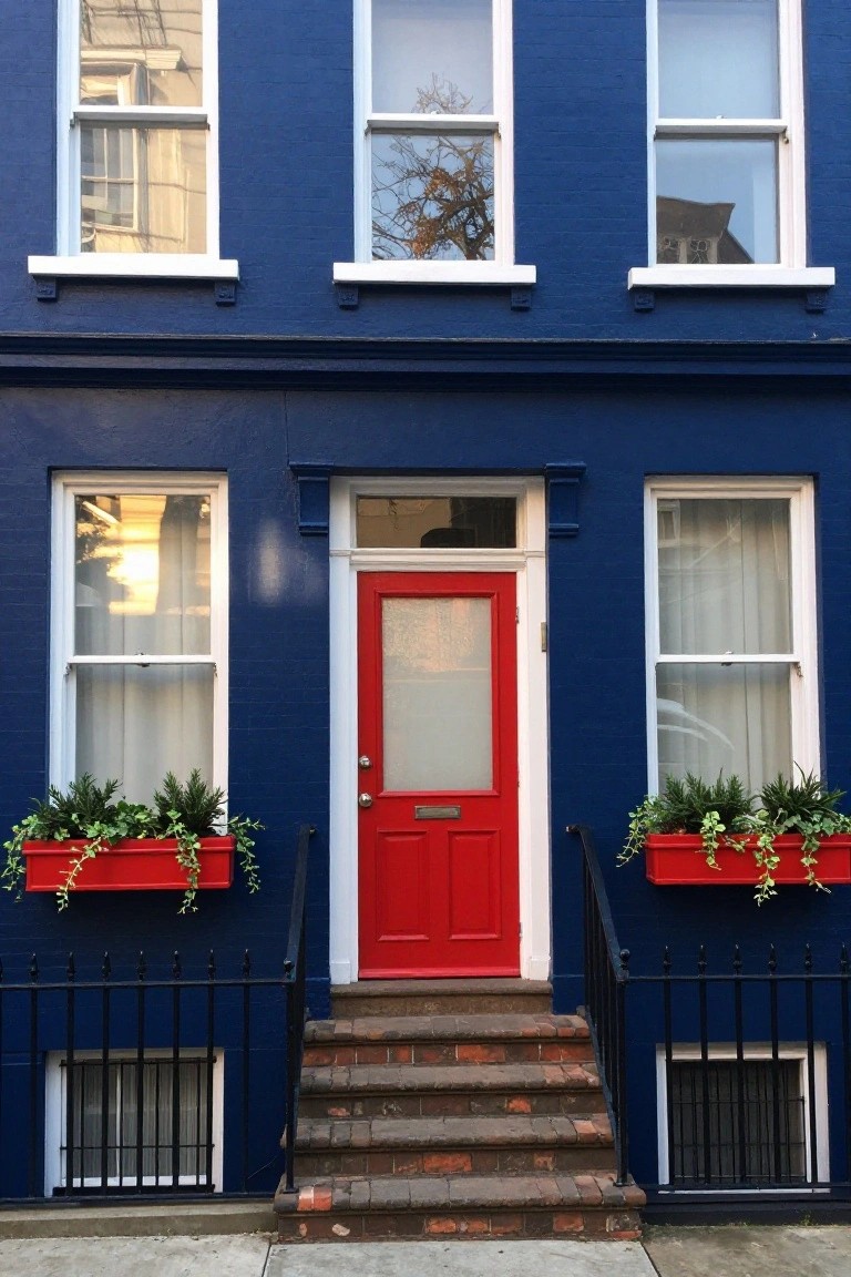A three-story navy blue brick townhouse facade with white window frames, a bright red front door with glass panel, matching red window boxes containing green plants, black wrought iron railings, and brick entry steps.