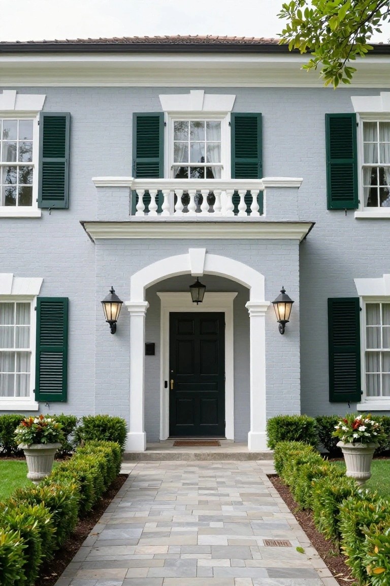 Front exterior of a two-story light blue-gray house with green shutters, white trim, black front door under an arched portico with lanterns, boxwood hedges, potted flowers, and a stone walkway.