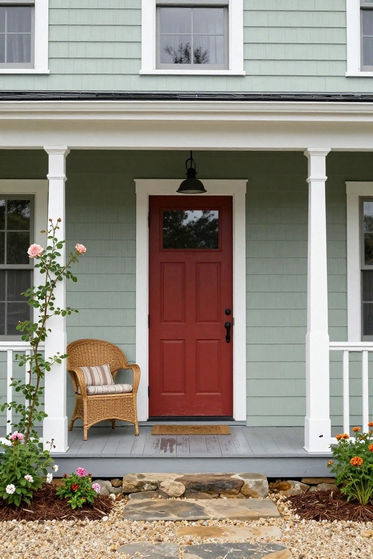 Sage green clapboard house with white trim and porch columns, red paneled front door with glass panel, wicker armchair on porch, climbing rose bush, potted flowers, and stone steps leading to gravel path.