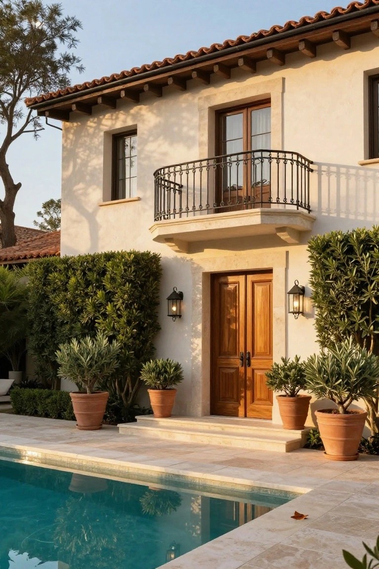 Beige stucco house facade with terracotta tile roof, black wrought-iron balcony, wooden double entry doors with lanterns, potted olive trees and hedges flanking the steps, and an adjacent pool.