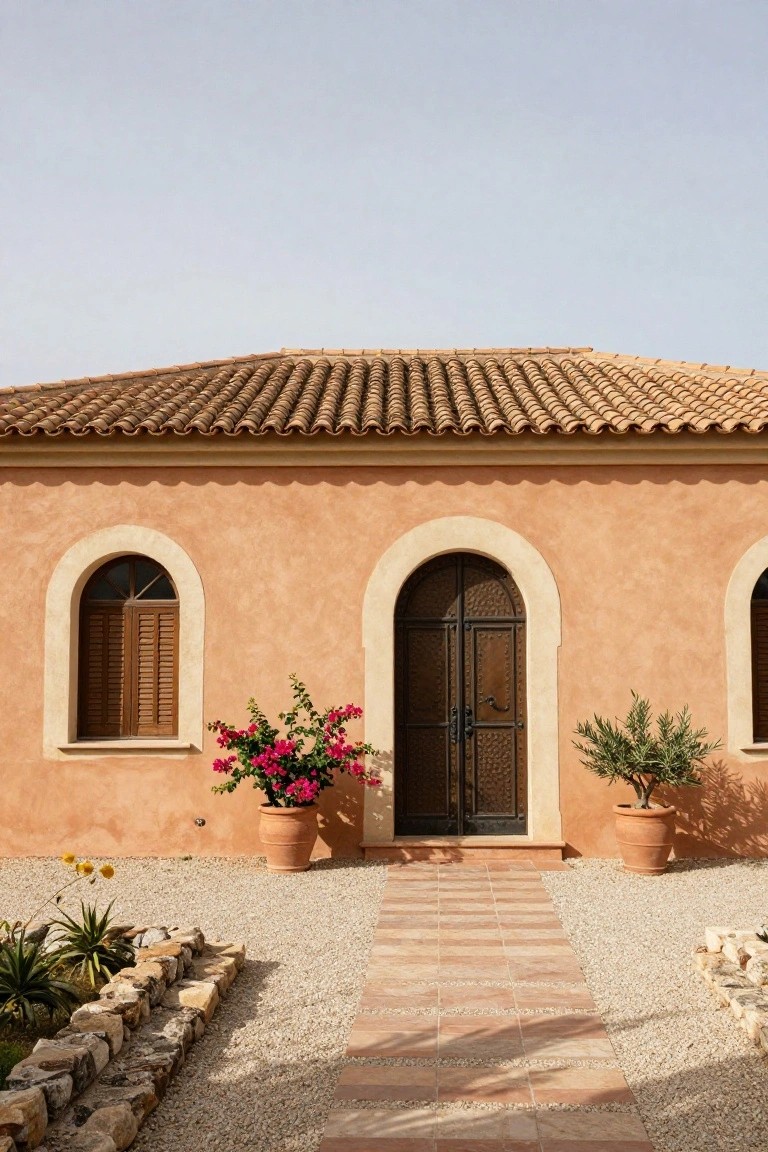 Single-story house with soft terracotta stucco walls and tile roof, arched wooden-shuttered windows and black iron door, potted bougainvillea and olive plants at entrance, tiled path through gravel yard with stone borders.