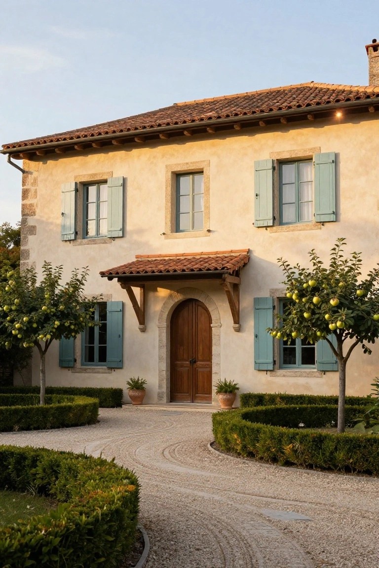 Front exterior of a two-story stucco house in warm ochre with terracotta tile roof, teal shutters on windows, arched wooden entry door, potted plants, apple trees, boxwood hedges, and curved gravel driveway.