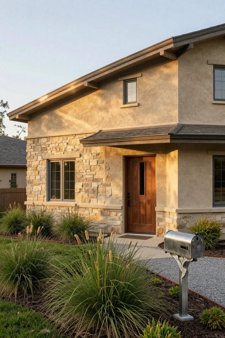 Beige stucco house exterior with stone accents at the base and entry, wooden front door, gravel pathway, metal mailbox, and ornamental grasses in the landscaping.