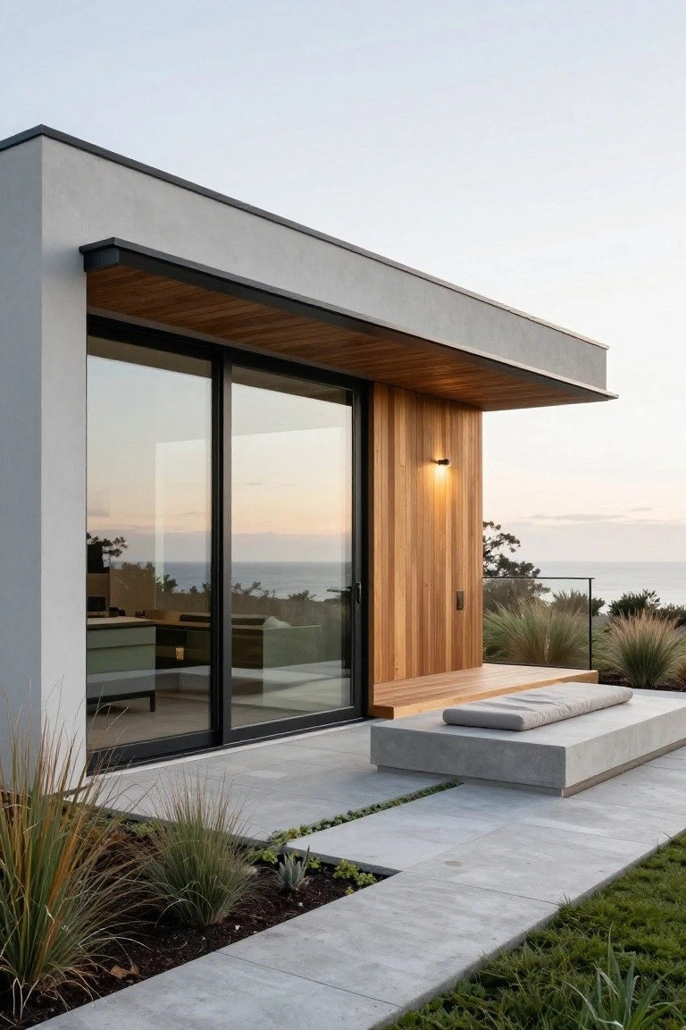 Modern house corner showing white stucco walls, black-framed sliding glass doors, vertical wood cladding on one side, wooden deck with concrete bench, paver path, ornamental grasses, and ocean view at sunset.