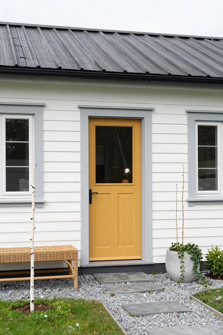 White weatherboard house with black metal roof, yellow paneled front door with glass upper section, gray window frames, rattan bench with birch tree, potted ivy plant, gravel ground cover, and stone step path.