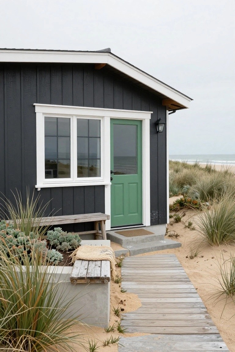 Small charcoal gray wood-sided beach house with white window and door trim, green double front door, lantern light, wooden bench with cushions, surrounded by sand dunes, beach grass, and a boardwalk path.