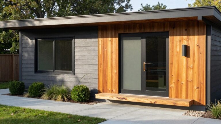 Front view of a modern house with dark gray horizontal siding, a recessed entryway clad in vertical light wood planks under a flat overhang, glass-paneled front door with black frame, black cylinder wall lights, flanked by black-framed windows, wooden bench on concrete stoop, and low shrubs with gravel bed.