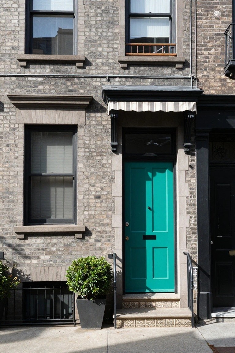 Gray brick townhouse facade with turquoise double front door, black-framed windows, striped awning above the door, potted shrub on the stoop, and black door next door.