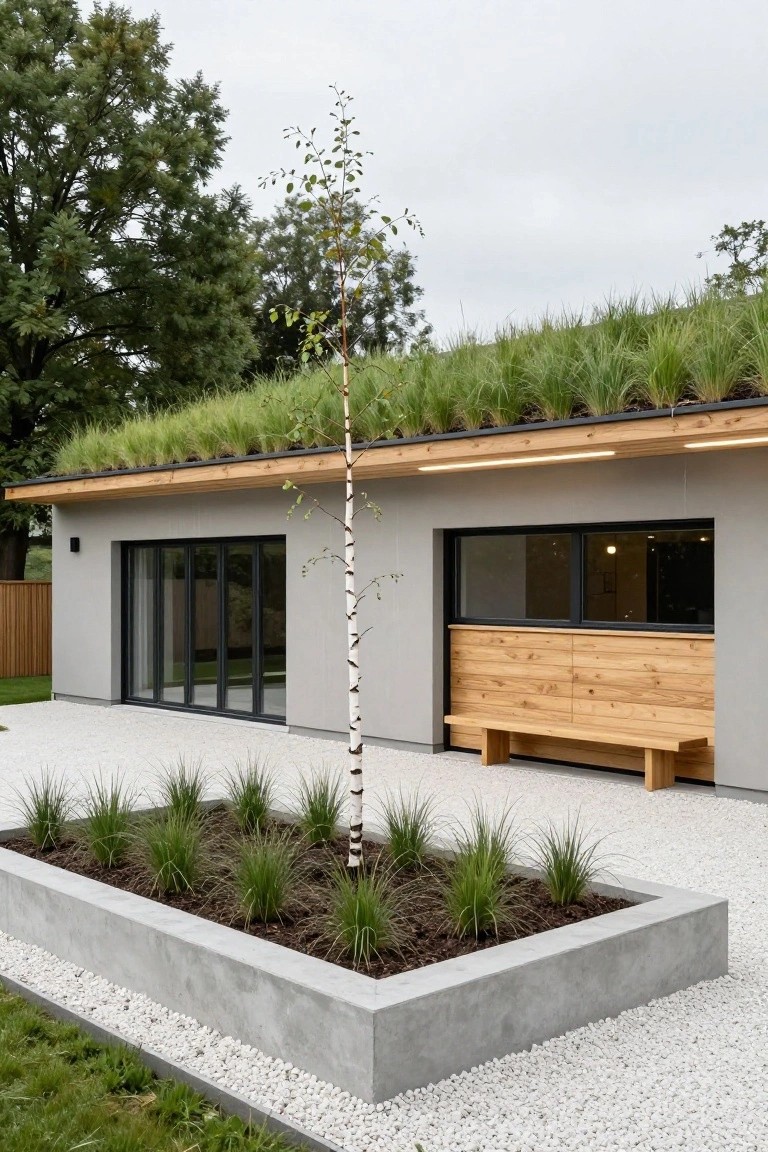 Light gray modern house with green sedum roof, wooden trim around black-framed sliding glass doors, birch tree next to concrete planter box filled with ornamental grasses, pebble ground cover, and wooden bench against the facade.