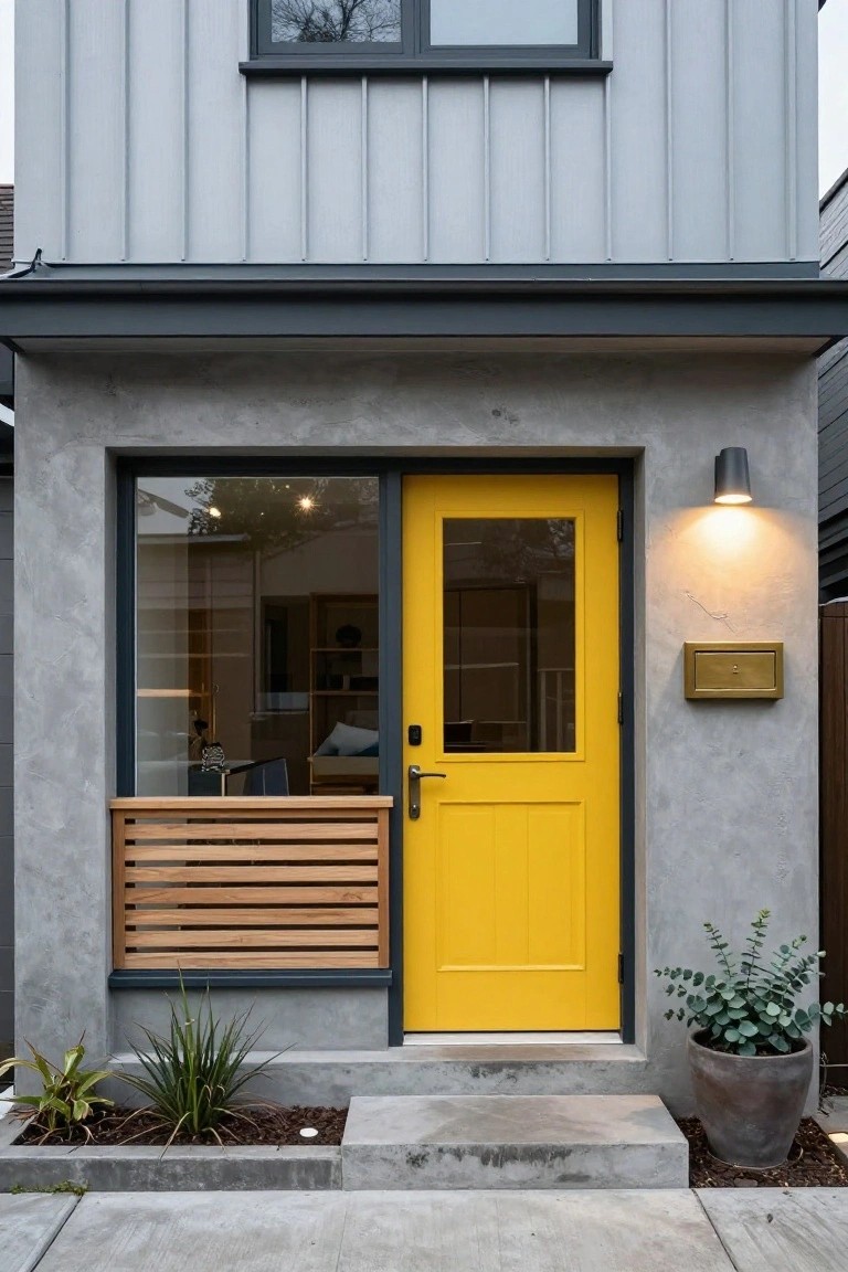 Modern house exterior with gray vertical siding and stucco walls, yellow paneled front door with glass panel, adjacent glass sidelight window, wood slat screen, wall-mounted light, potted eucalyptus, and concrete steps.