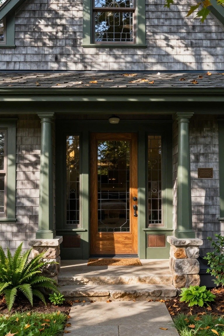Front exterior of a shingle-style house featuring gray siding, green-painted trim on porch columns and window frames, a wooden front door with sidelights, and stone porch bases with plants.