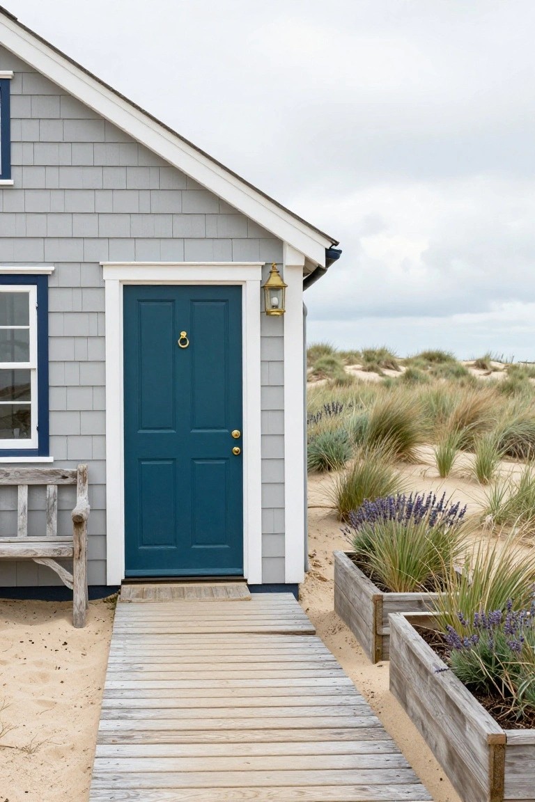 Gray shingle-sided house corner featuring a navy blue wood front door with brass knocker and knob, flanked by a blue window, brass lantern, wooden bench, and raised planters with grasses and lavender along a sandy wooden walkway near dunes.