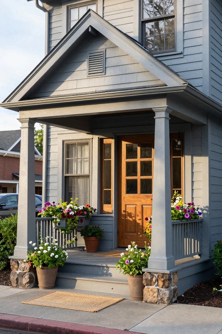 Gray shingled house exterior with gabled covered porch, wooden front door, potted colorful flowers on steps and railings, and stone foundation accents.