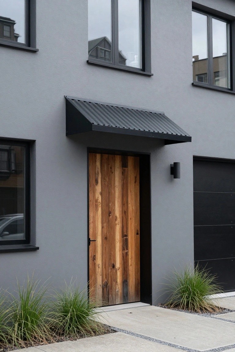 Gray house exterior featuring black-framed windows, a tall reclaimed wood front door under a corrugated metal awning, black garage door, and clusters of ornamental grasses along the concrete walkway.