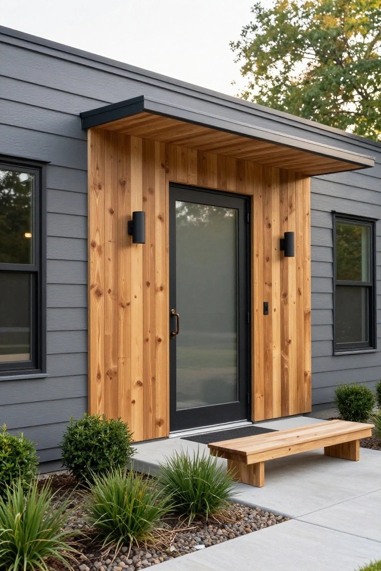 Front view of a modern house with dark gray horizontal siding, a recessed entryway clad in vertical light wood planks under a flat overhang, glass-paneled front door with black frame, black cylinder wall lights, flanked by black-framed windows, wooden bench on concrete stoop, and low shrubs with gravel bed.
