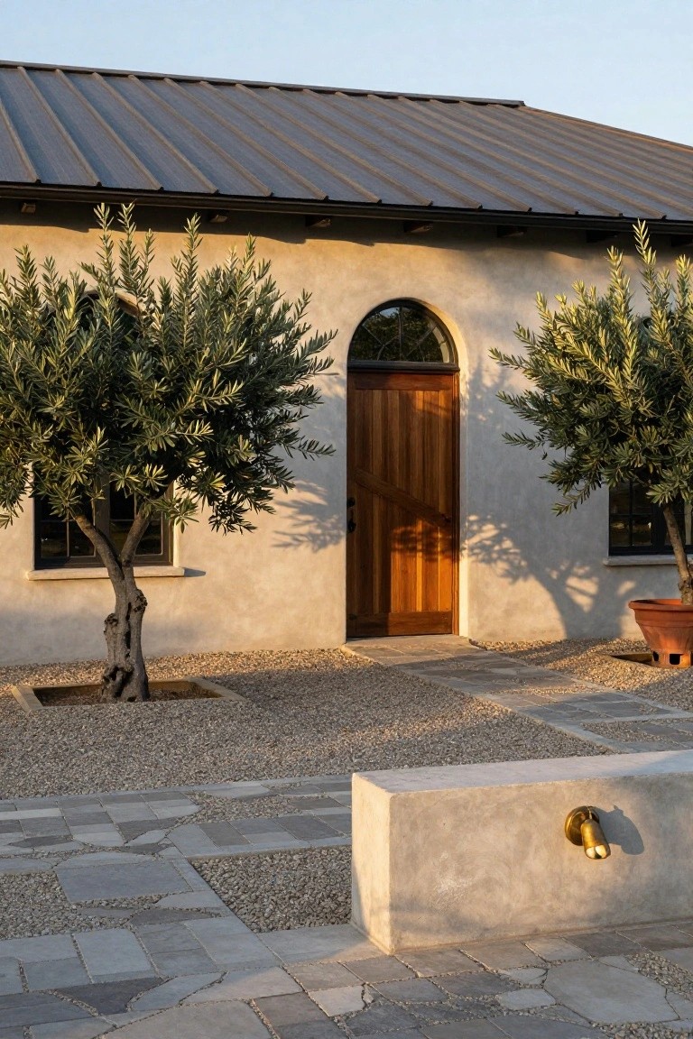 Beige-gray stucco house wall with dark corrugated metal roof, arched wood entry door, small windows, olive trees flanking the entrance, gravel ground, stone pavers, and concrete bench with brass spigot.