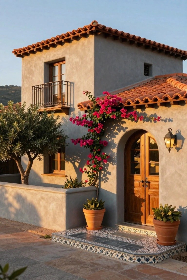 Close-up of a beige-gray stucco house facade with terracotta tile roof, second-story balcony with iron railing, arched wooden double doors, pink bougainvillea vines, olive tree, potted plants, lantern light, and colorful tiled entry steps.