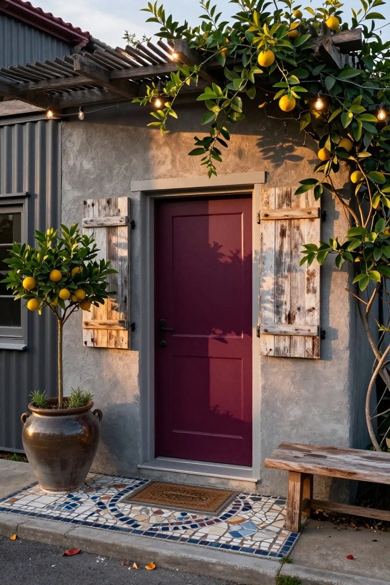 Gray stucco and corrugated metal house facade with wooden shutters flanking a deep red front door, potted lemon tree, climbing lemon vine on pergola with string lights, large terracotta pot, mosaic tile landing, welcome mat, and wooden bench.