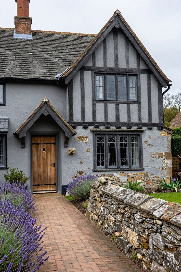 Gray half-timbered cottage house with black beams and window frames, wooden front door, lavender plants lining a brick path, and a low stone wall.