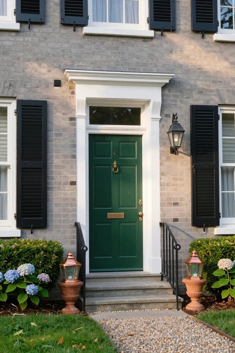 Gray brick house facade with green front door, white trim, black shutters, lanterns on either side of steps, and hydrangea shrubs in terracotta pots.