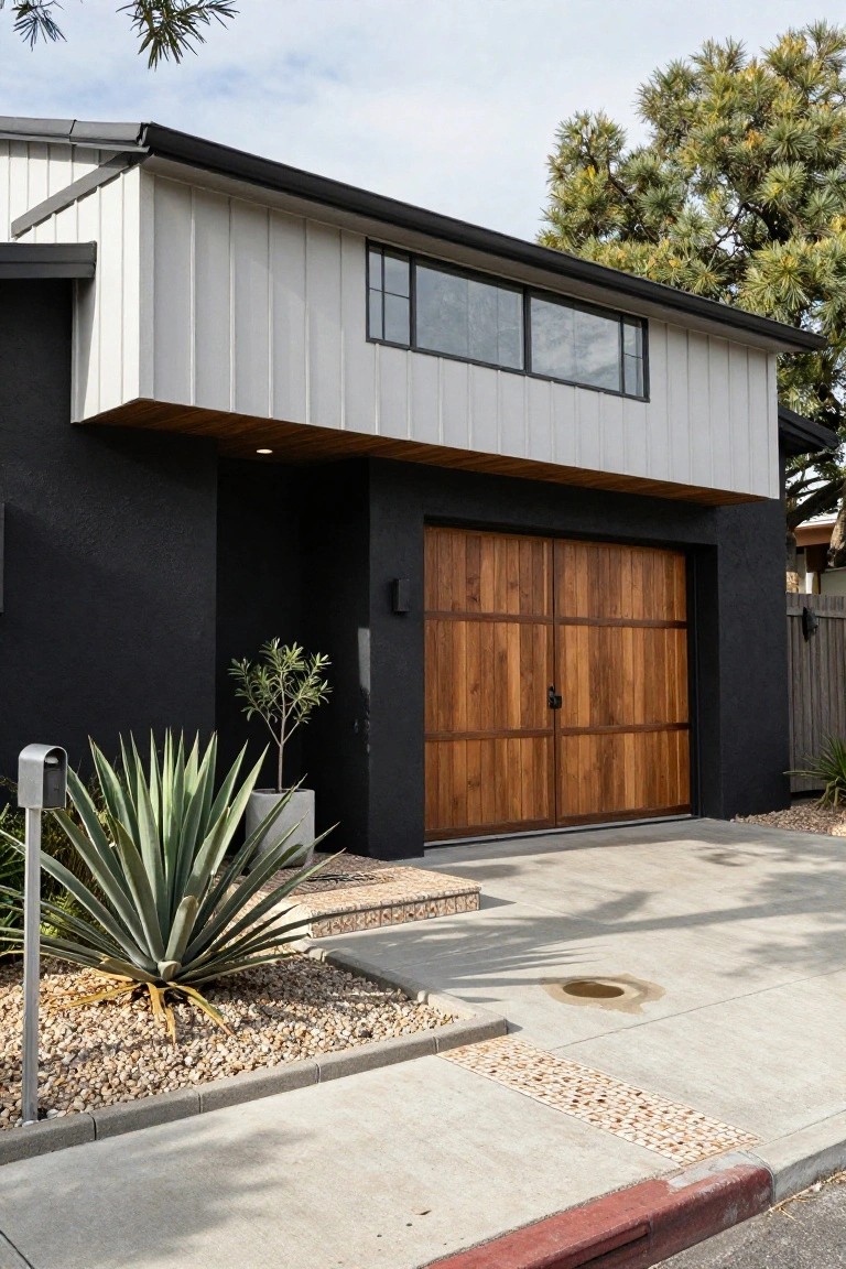 Modern house facade with light gray vertical siding on upper section, black stucco base, wooden garage door, potted olive tree and agave plants in gravel bed, concrete driveway and sidewalk.