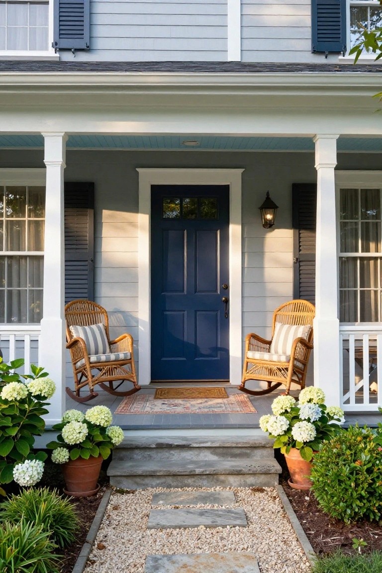 Light gray clapboard house with white trim, navy blue front door, white porch columns, two wicker rocking chairs on the porch, a patterned rug at the door, and potted white hydrangeas flanking the stone steps leading to a gravel path.
