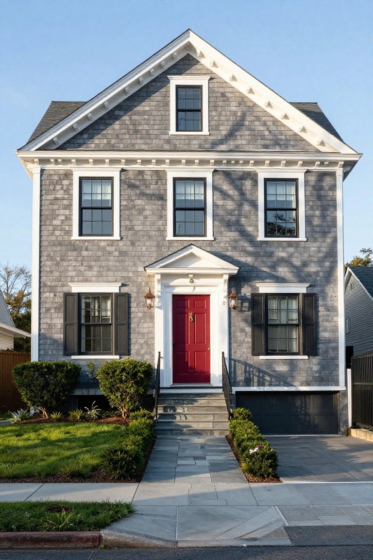 Two-story gray shingled house with white trim, black shutters on windows, red front door flanked by lanterns, stone steps, shrubs, and grass in the front yard.