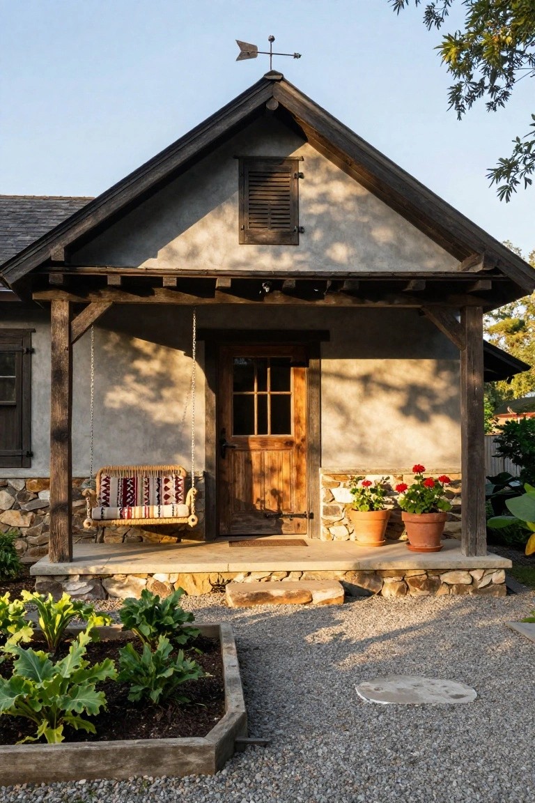 Small house with light gray stucco walls, dark wooden porch roof and supports, hanging woven swing, paneled wooden door, two terracotta pots with red geraniums, stone foundation, raised garden bed, and gravel ground.