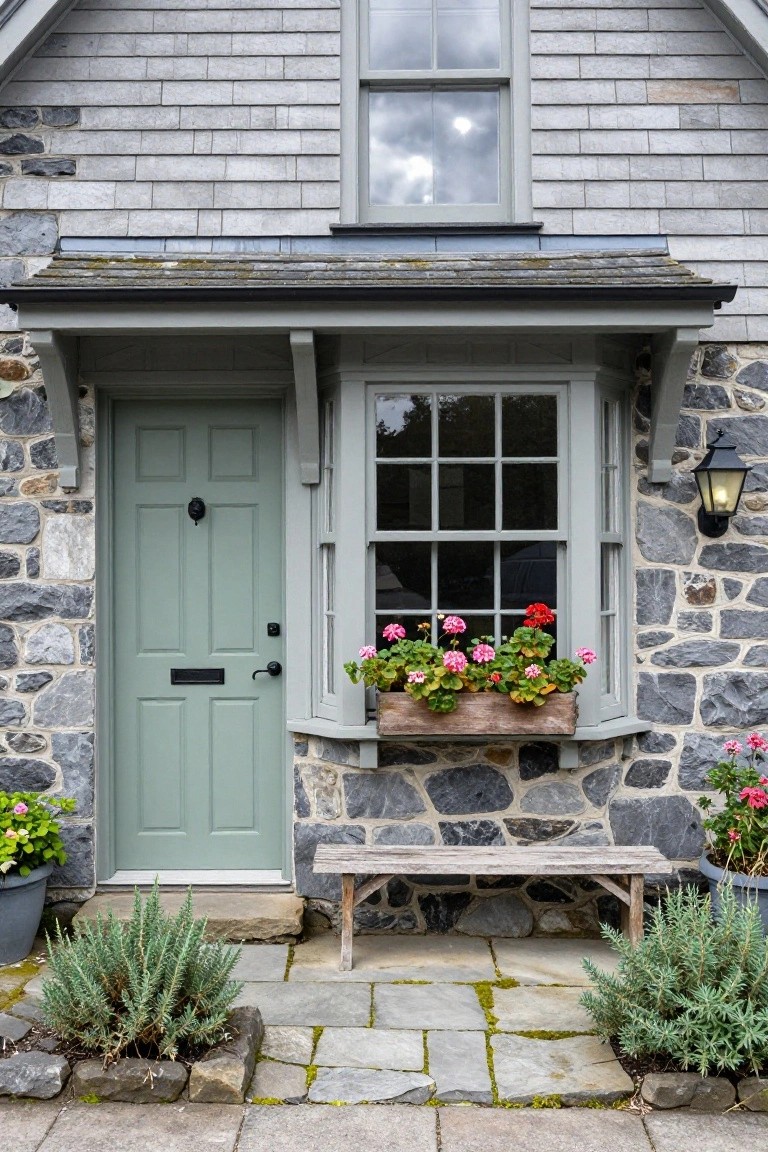 Front view of a gray shingle and stone house with sage green wooden door, bay window with flower box, lantern light, wooden bench, and potted plants on a stone path.