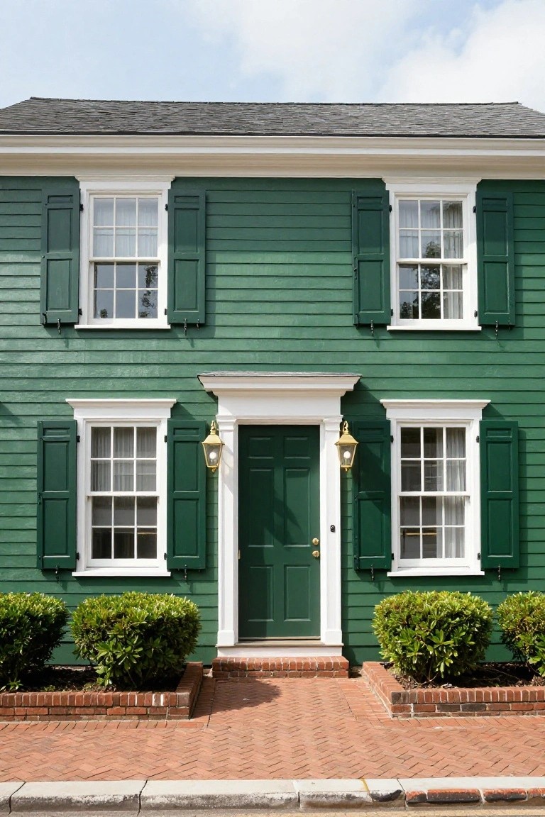 Two-story clapboard house painted deep green with white window trim and shutters, flanked by green front door with brass lanterns, brick walkway, and paired boxwood shrubs.