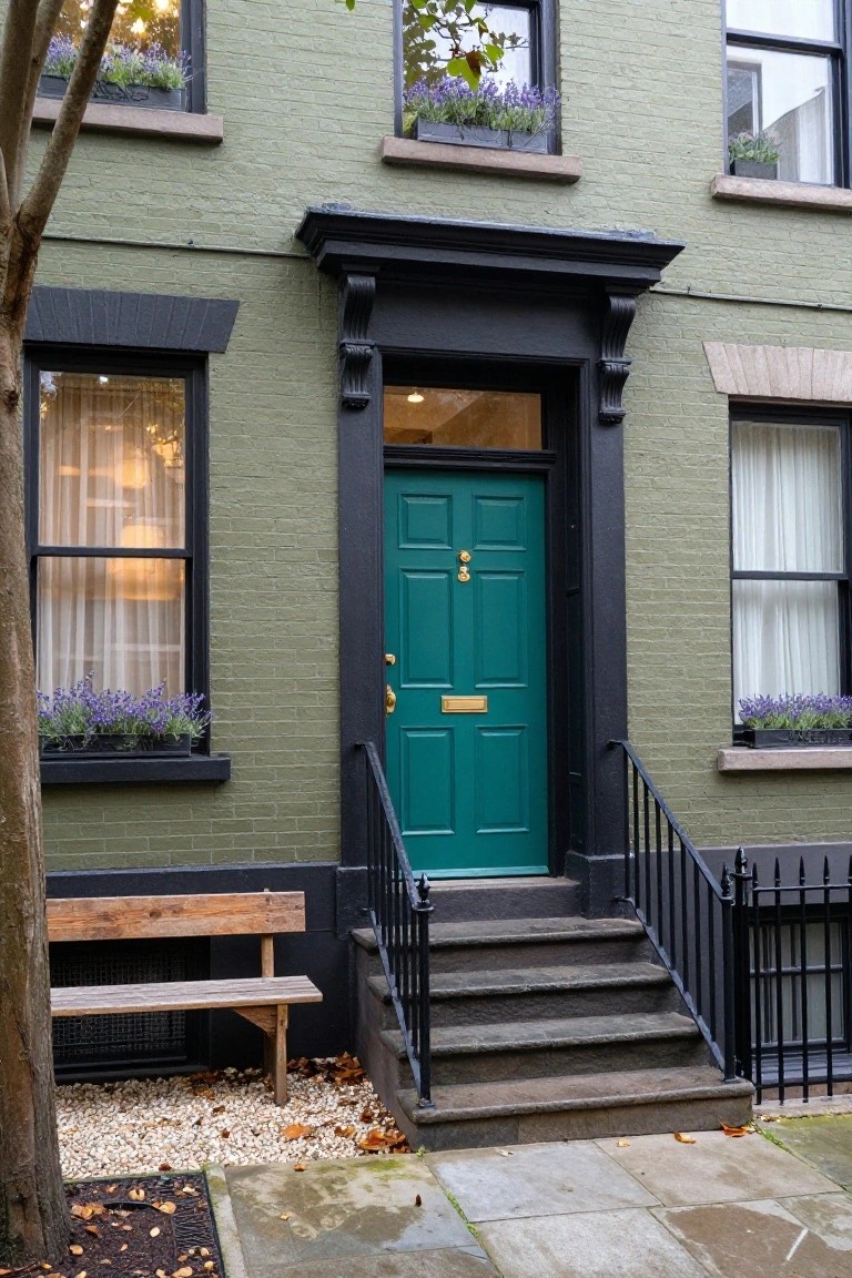 Sage green brick townhouse exterior with teal front door, brass knocker and letterbox, black trim and railing on steps, window boxes with lavender plants, wooden bench, and tree nearby.