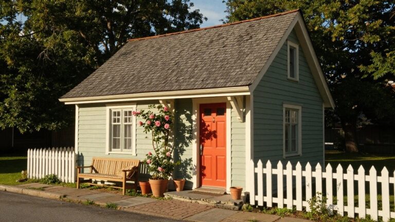 Light green shingled house with gabled roof, white trim, orange front door, small porch with wooden bench and potted plants, white picket fence, rose vines, and garden path.