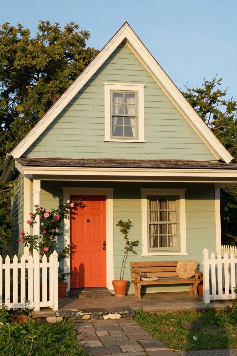 Light green shingled house with gabled roof, white trim, orange front door, small porch with wooden bench and potted plants, white picket fence, rose vines, and garden path.