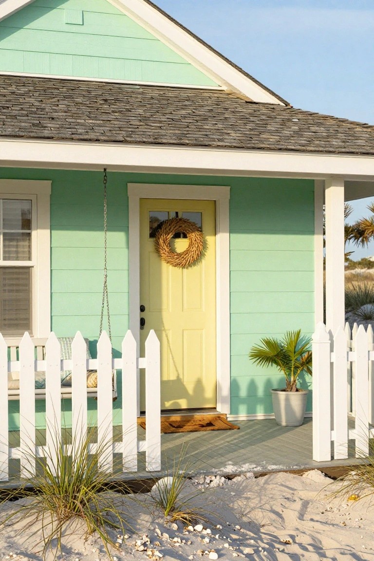 Mint green clapboard beach house with yellow front door, wheat wreath, white porch swing and railing, picket fence, potted palm plant, and sandy yard with sea oats and shells.