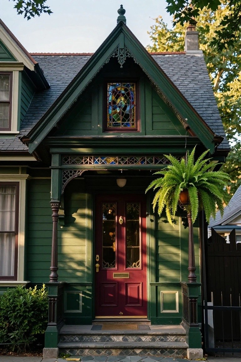 Dark green Victorian house exterior with red front door featuring stained glass panels, ornate wood trim, hanging fern plant, and slate entry steps.