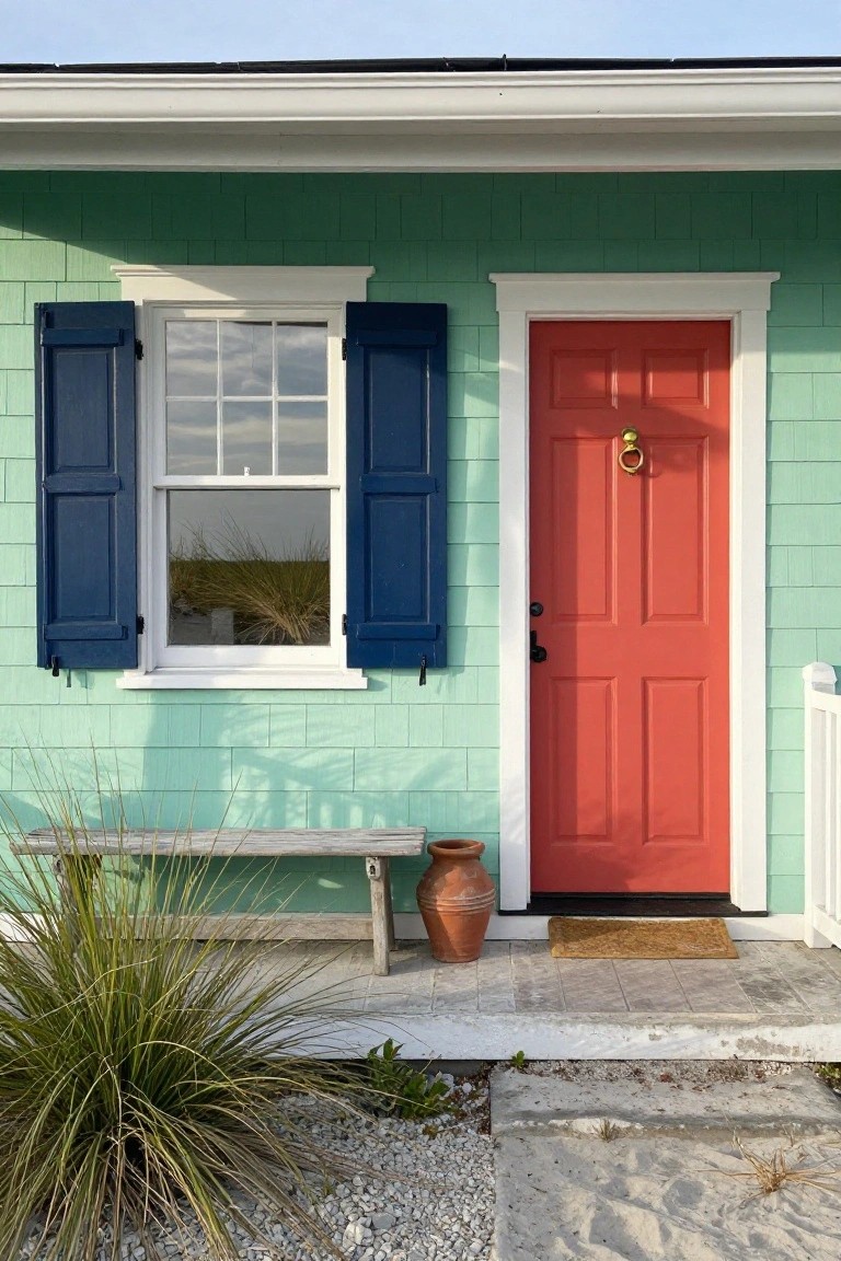 Mint green shingled house exterior with navy blue shutters on a double-hung window, red paneled front door with brass knocker, wooden bench, terracotta pot, woven doormat, and ornamental grasses on a sandy porch area.