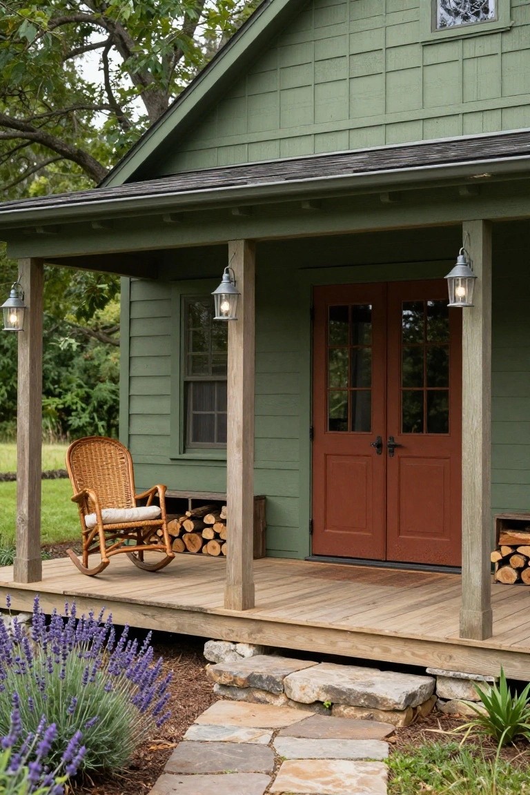 Green shingle-style house exterior with covered porch, red double front doors, wicker rocking chair, wood lanterns, firewood stacks, and lavender plants along stone path.