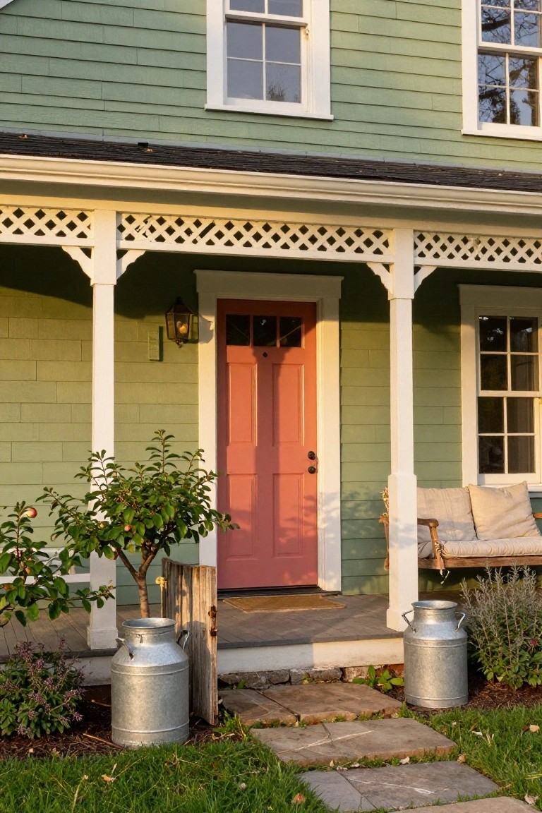 Green clapboard house with white porch columns and railing, red front door, hanging lantern, porch swing, potted plants, and two metal milk cans near stone steps.