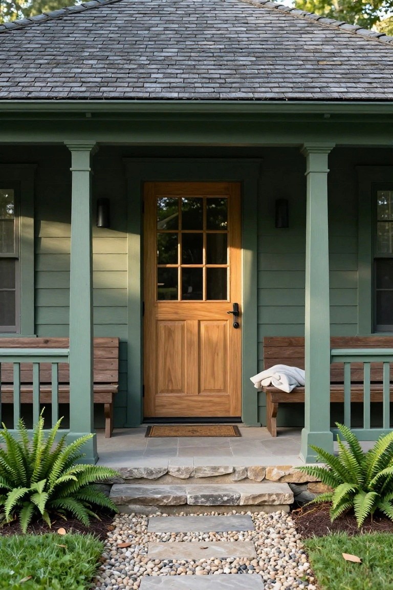 A small green shingle-roofed cottage with sage green siding, wooden front door, matching porch columns, built-in benches, stone steps, ferns, and a pebble path bordered by grass.