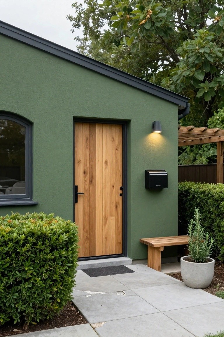 Green-painted stucco house exterior with black-framed arched window, vertical-plank wooden double door with black handle and lock, wall-mounted black light fixture, black mailbox, wooden bench, potted rosemary plant, boxwood shrubs, concrete path, and pergola in background.