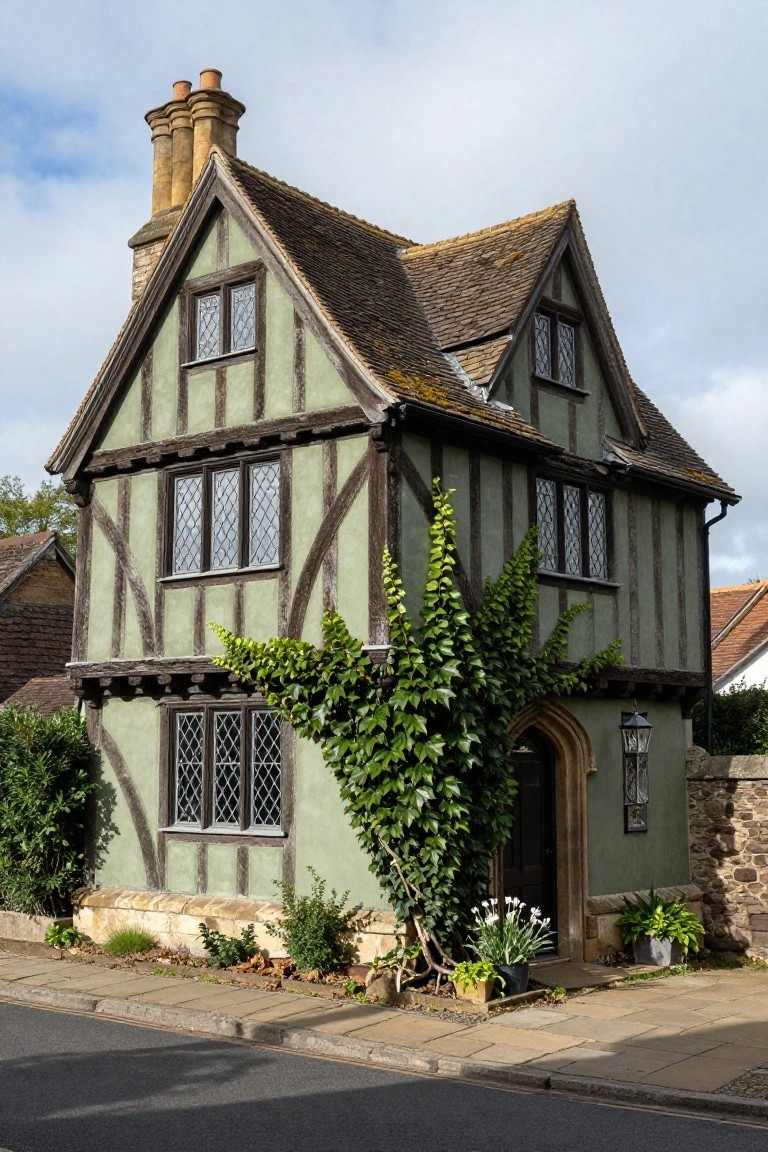 A two-story green half-timbered house with dark wooden beams, leaded windows, ivy climbing one side, an arched front door, lantern light, and potted plants near a stone wall and paved street.
