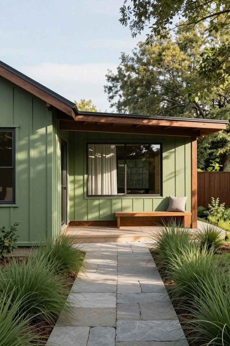 Sage green board-and-batten house exterior with wooden covered porch, built-in bench, gray stone pathway lined with tall ornamental grasses, and trees overhead.
