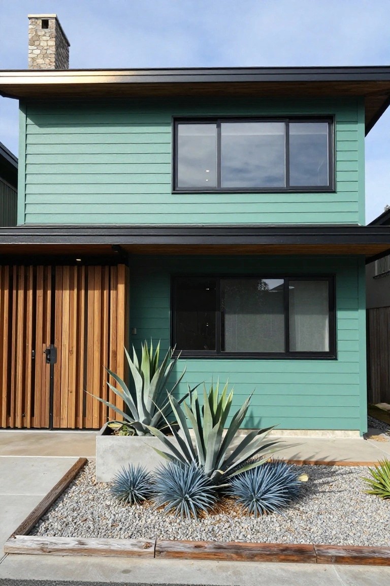 Two-story modern house with teal green horizontal siding, black-framed windows, slatted wooden garage door, stone chimney, and agave plants in a gravel bed in front.