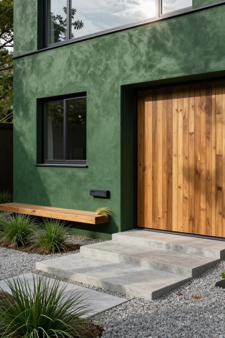 Green textured plaster wall of a modern house with large vertical wooden garage door, wooden bench, black mailbox, concrete steps, gravel ground, and ornamental grasses.