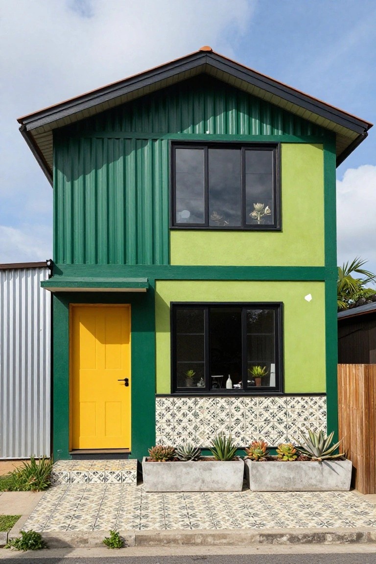 Compact two-story house with dark green corrugated metal siding on left, lime green painted right side, bright yellow front door under a small overhang, black-framed windows, potted succulents along the front, and a tiled entry path on a sunny day.