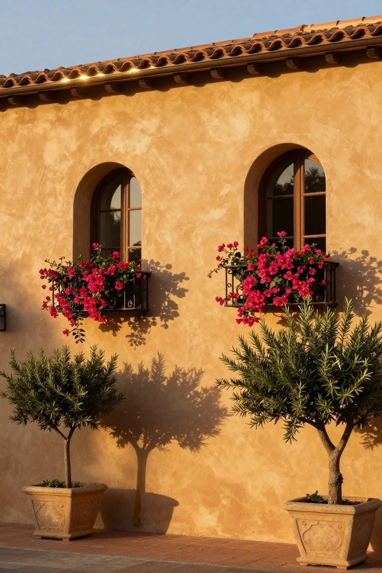 Beige stucco exterior wall with two arched wood-framed windows, each with a wrought-iron flower box overflowing with pink bougainvillea flowers, flanked by two potted olive trees in carved stone pots, terracotta tile roof above, warm sunset shadows on tiled pathway.